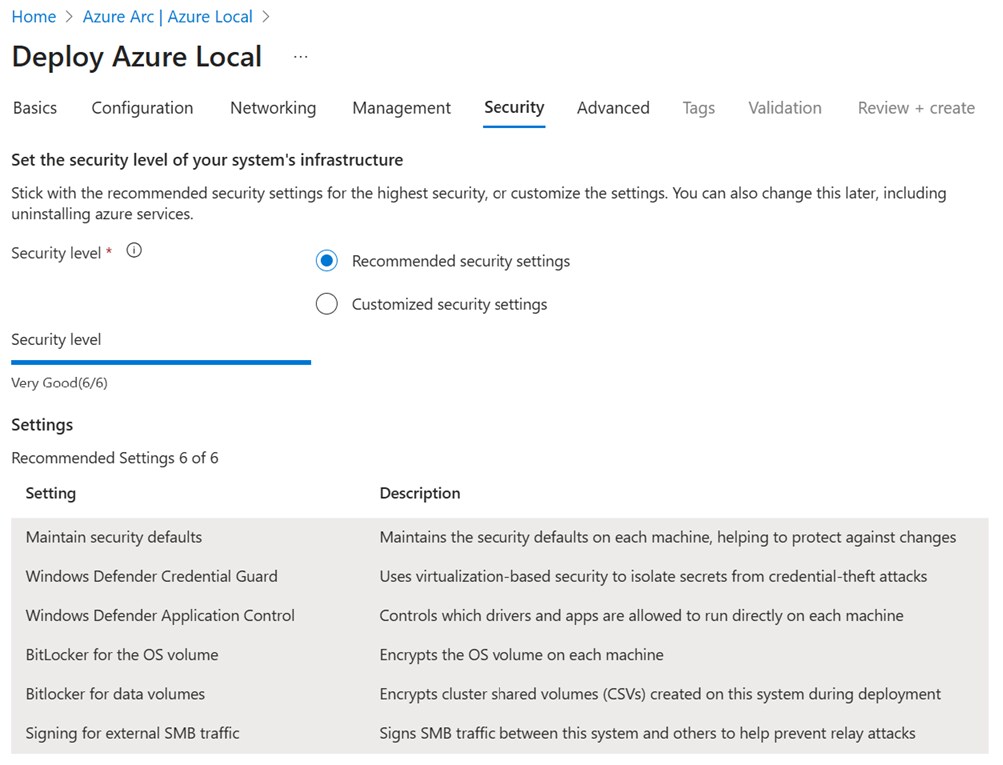 Security setting options with a longer description of each included