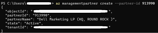 screenshot of CLI code after running the az managementpartner create command