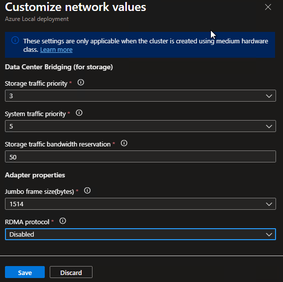 customize the network values and disable the RDMA for management network intents