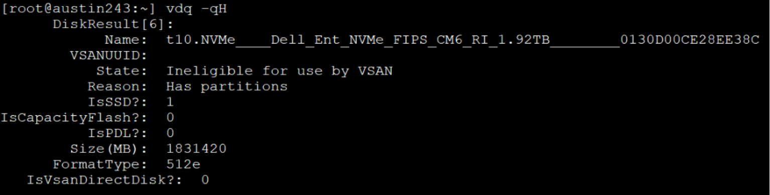 Shows Ineligible devices for vSAN due to existing partitions