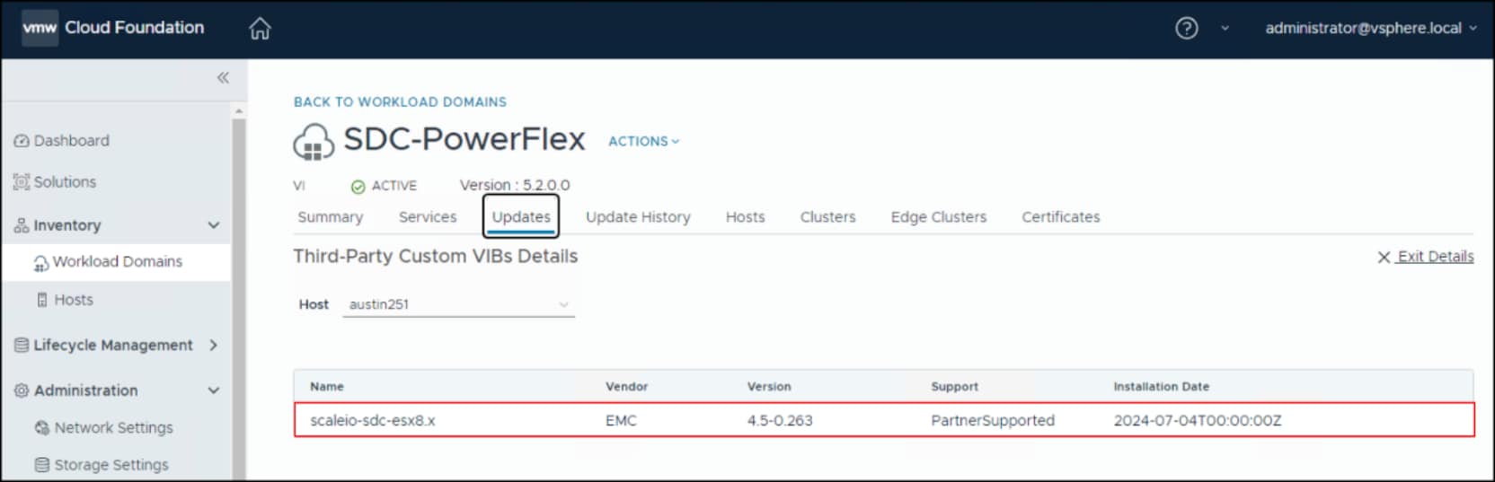 The third-party detail of the SDC vib in VCF UI.