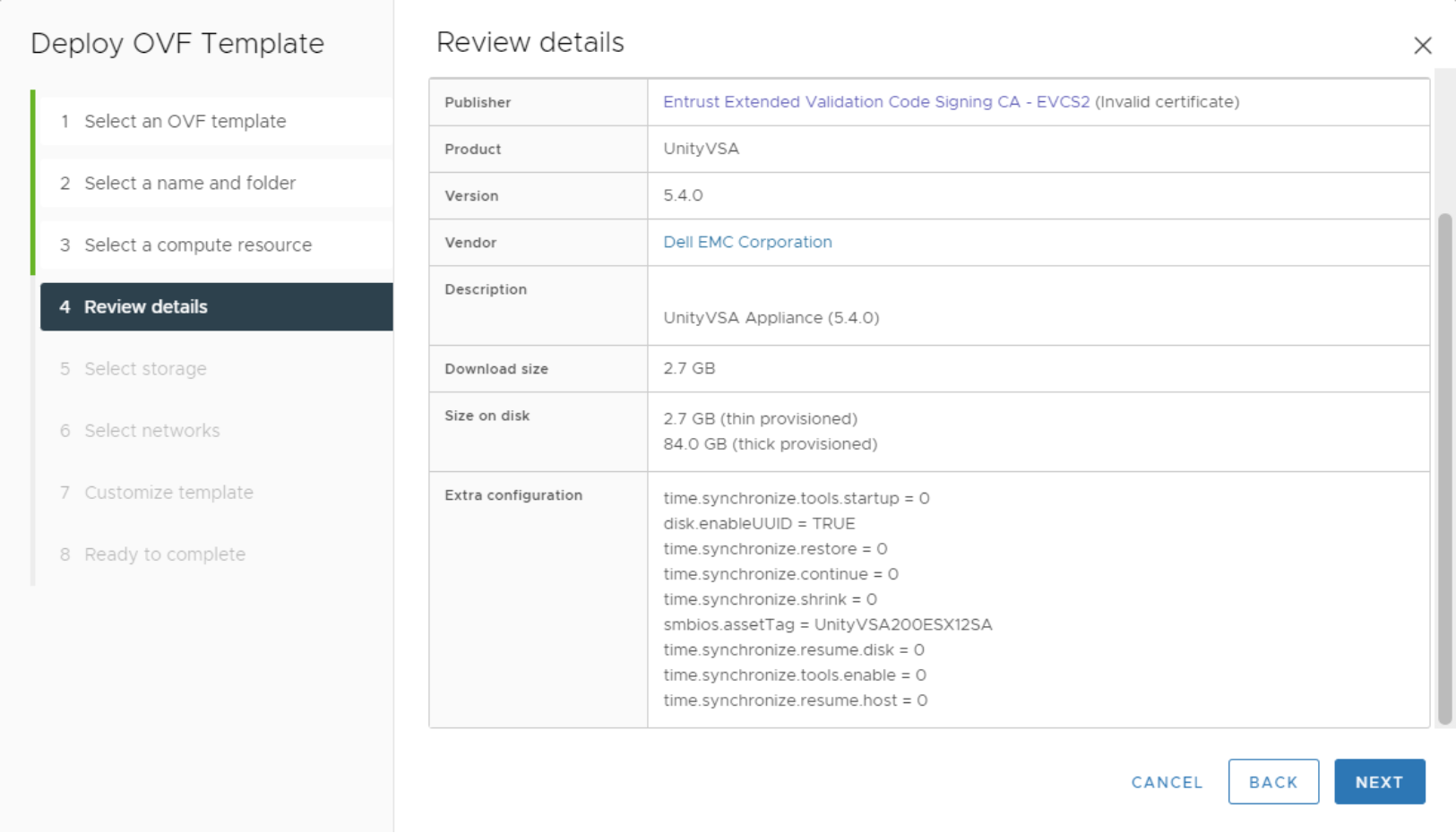 UnityVSA single Node OVA deployment details example