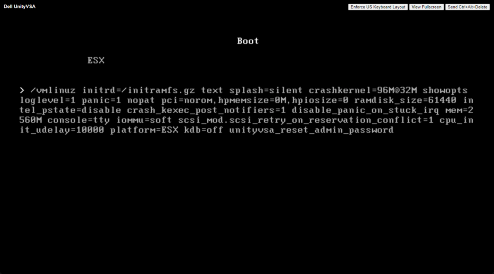 VMware console showing how to reset UnityVSA password