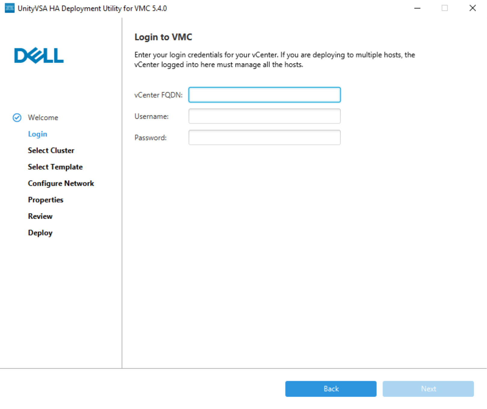 UnityVSA HA deployment wizard showing vCenter login credentials required