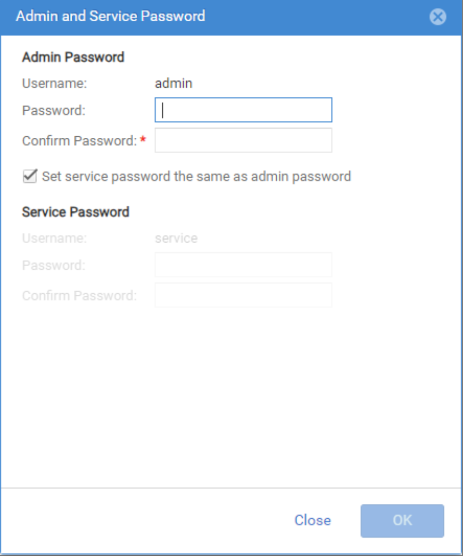 Unity admin and service credentials being set for first time