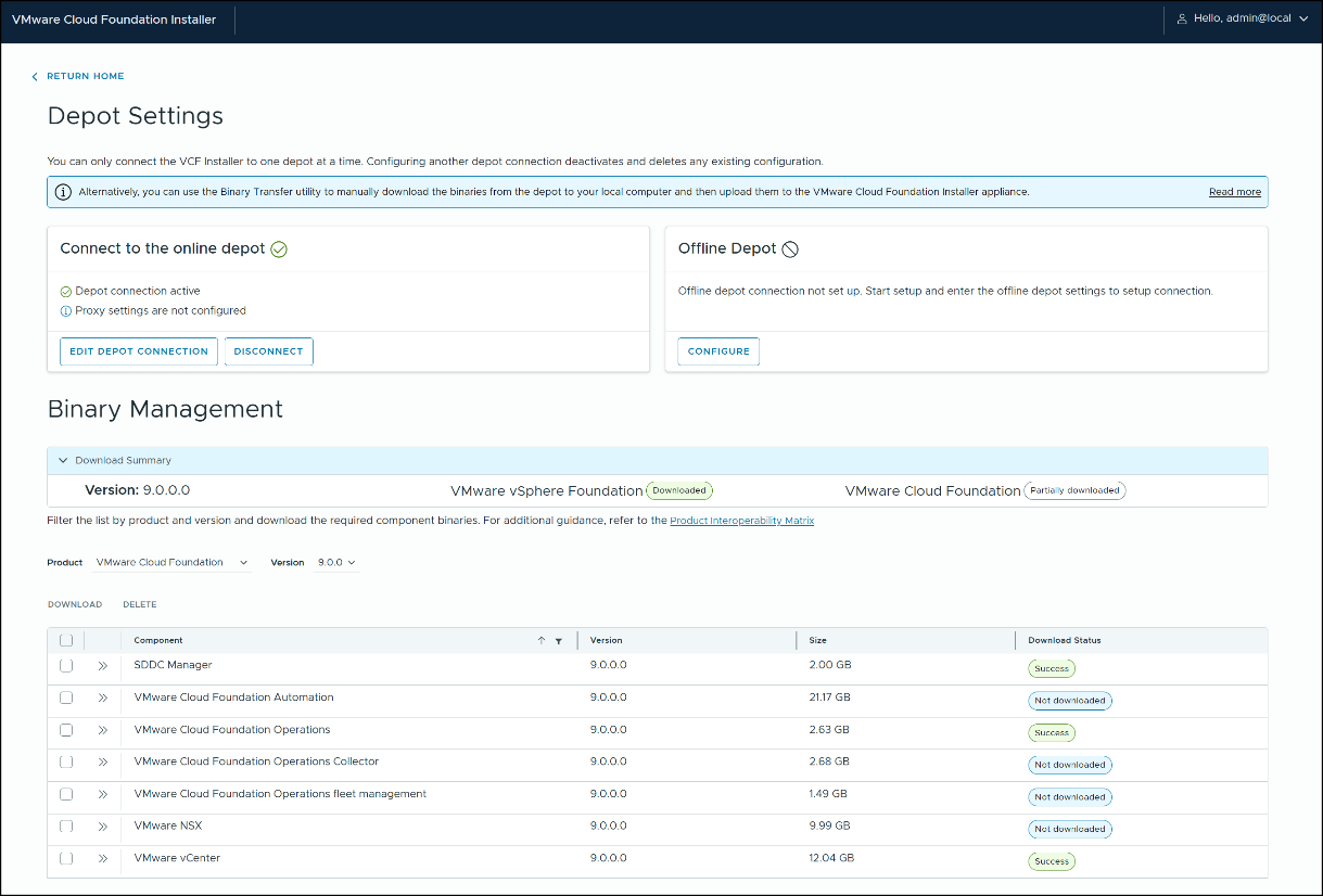 VMware Cloud Foundation Installer depot settings.