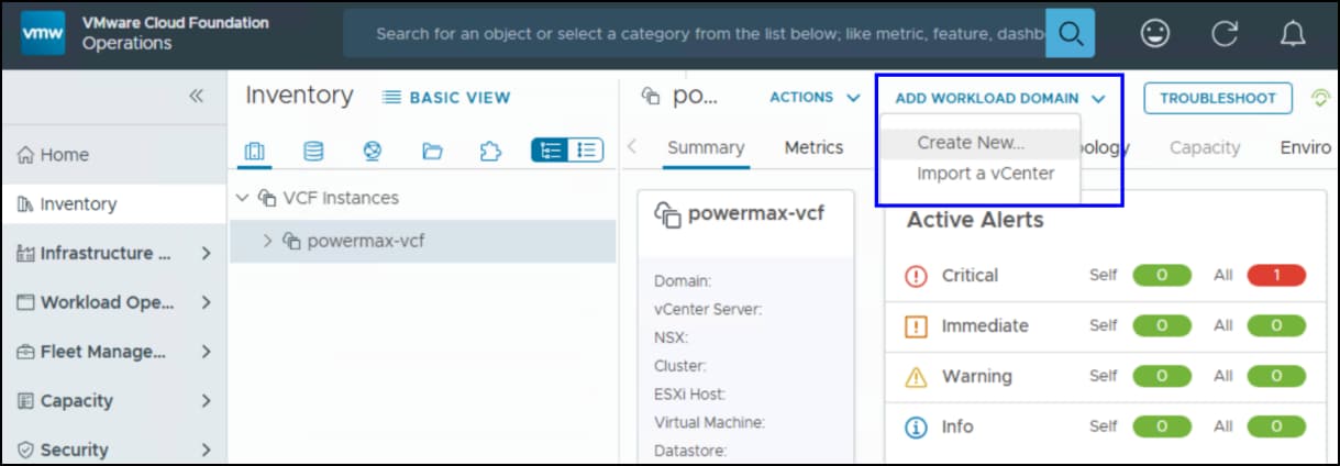 Screen to initiate creation of the workload domain in the VCF instance.