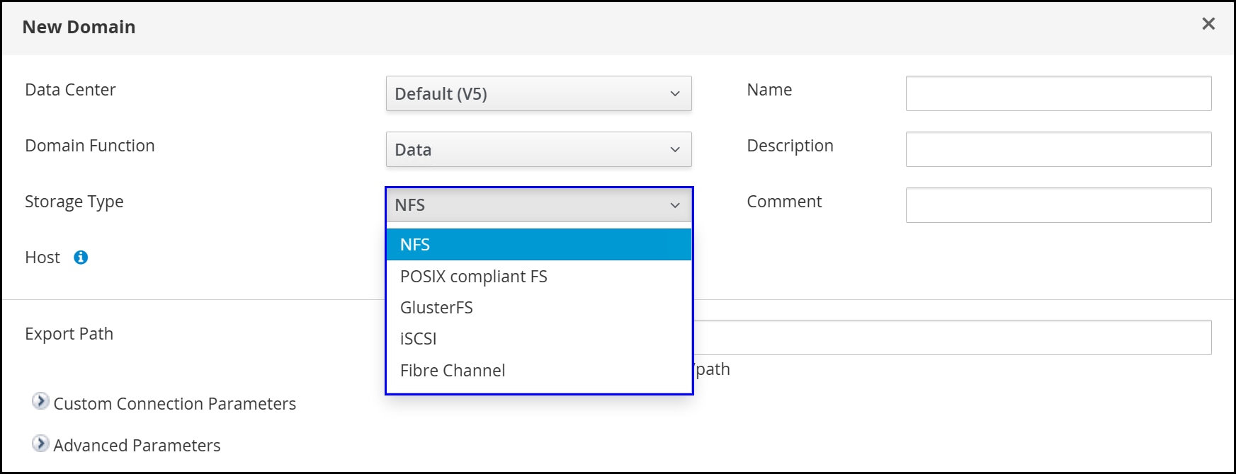 A screenshot of a Storage type options for a storage domain