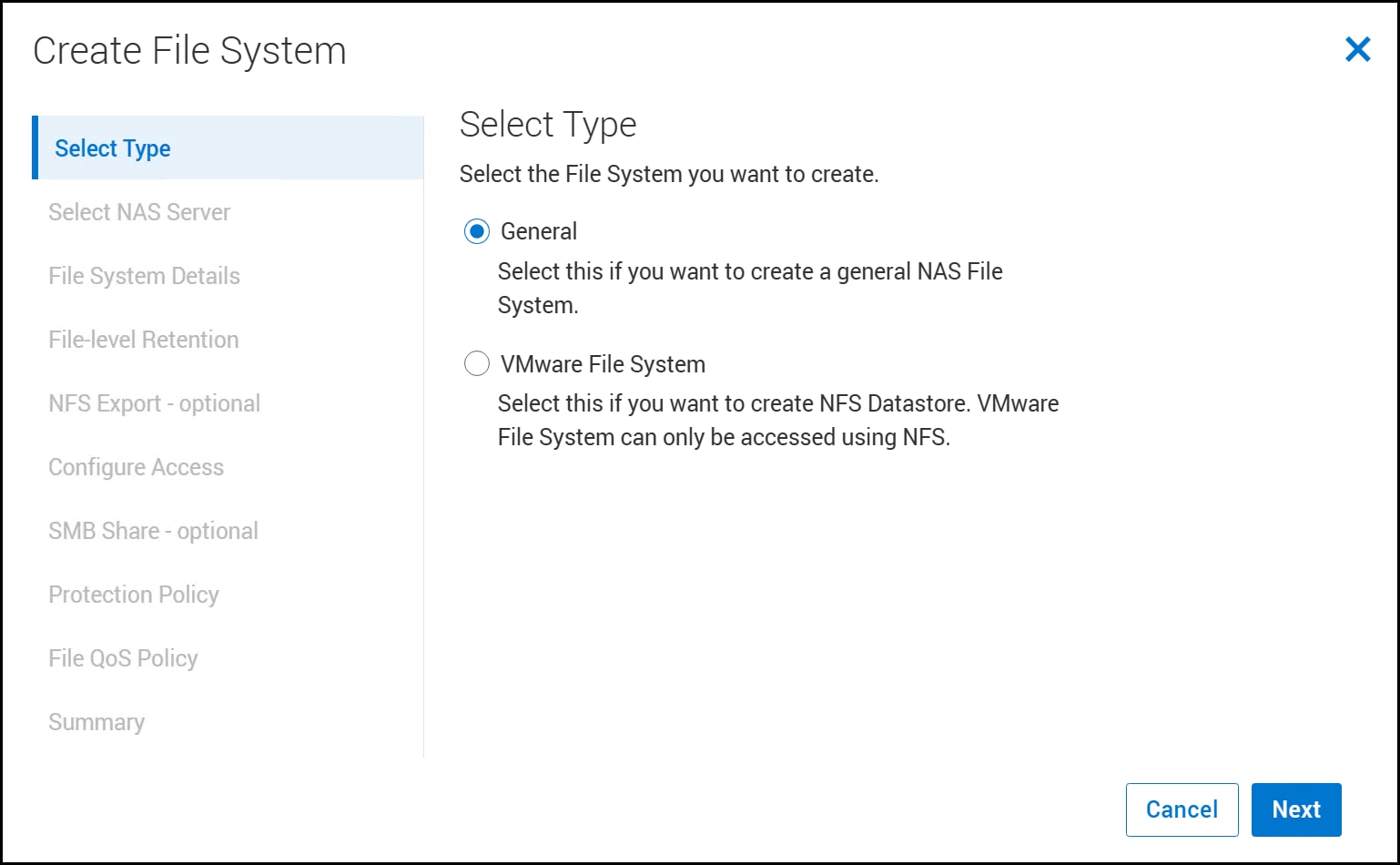 A screenshot of Create File System - Select Type dialog.