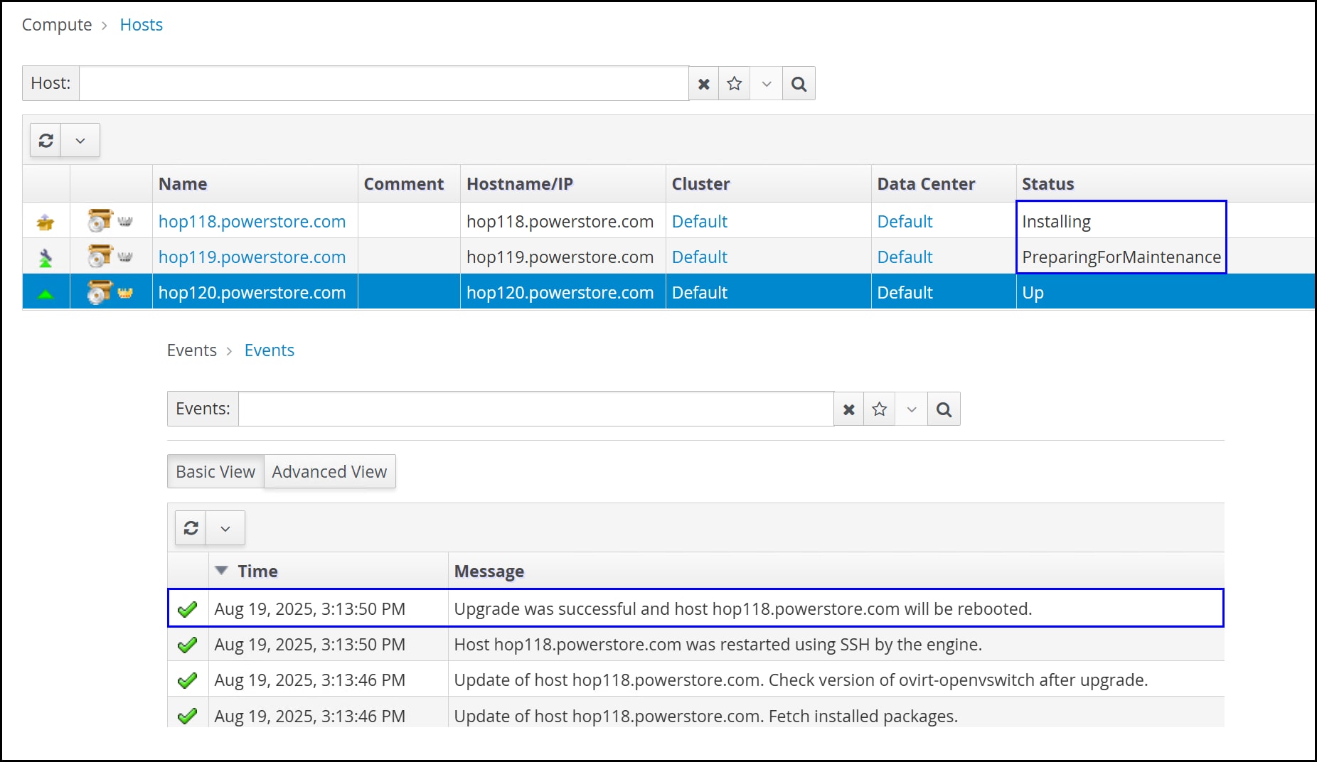 A screenshot of a Host event log