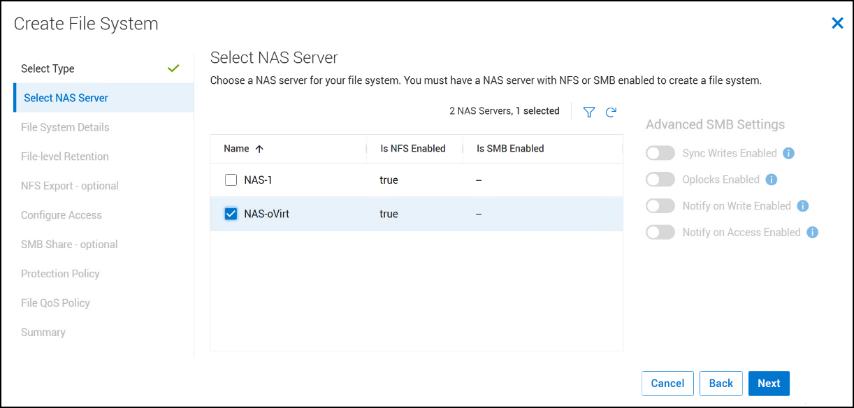 A screenshot of Create File System - Select NAS Server dialog.