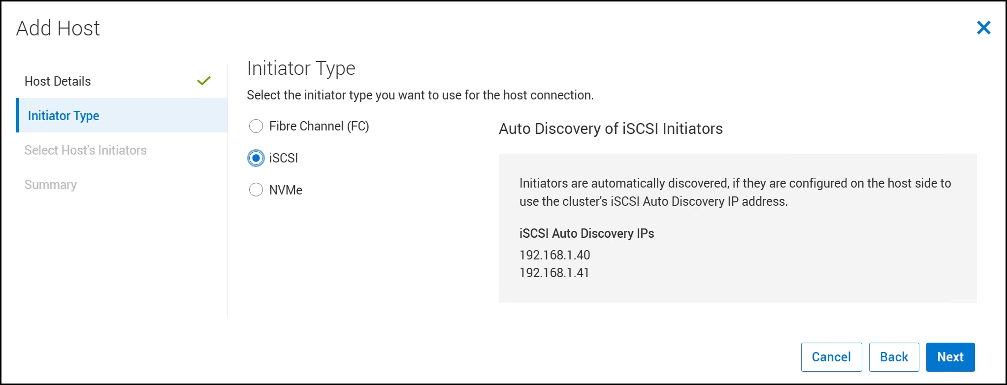 A screenshot of Add Host - Initiator Type dialog.