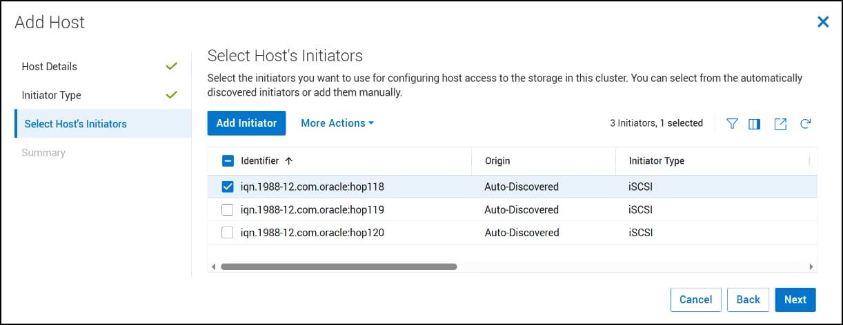 A screenshot of Add Host - Select Host's Initiators dialog.