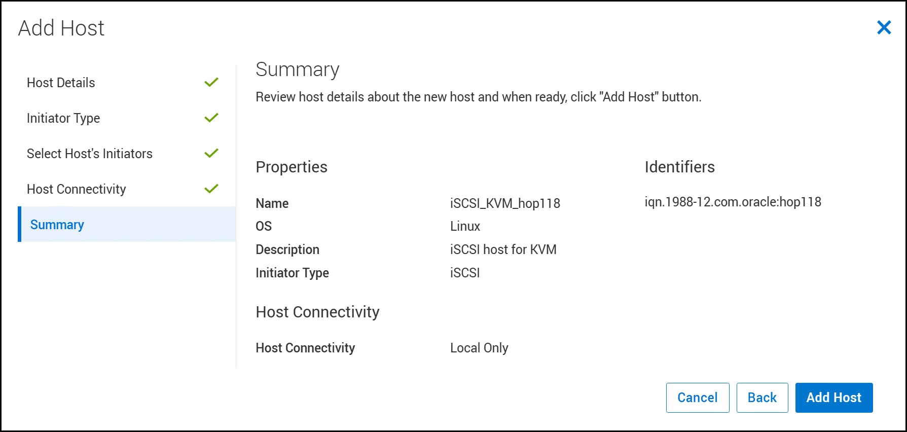 A close-up of Add Host - Summary dialog.