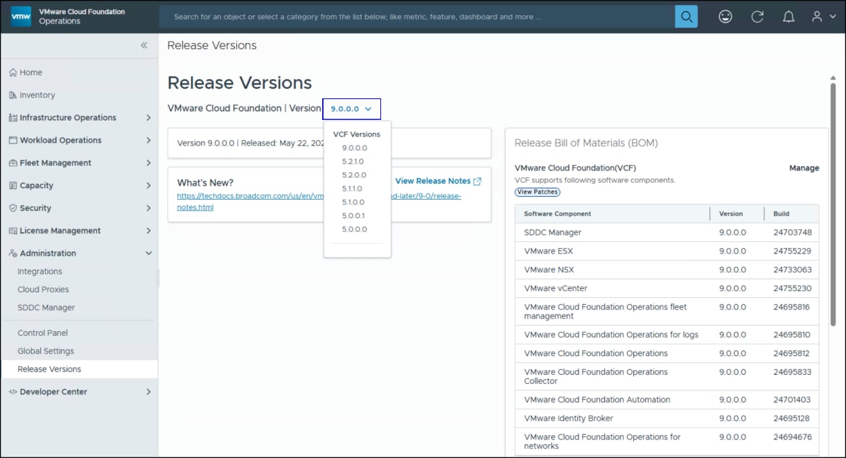 VCF life cycle management screen for upgrades.
