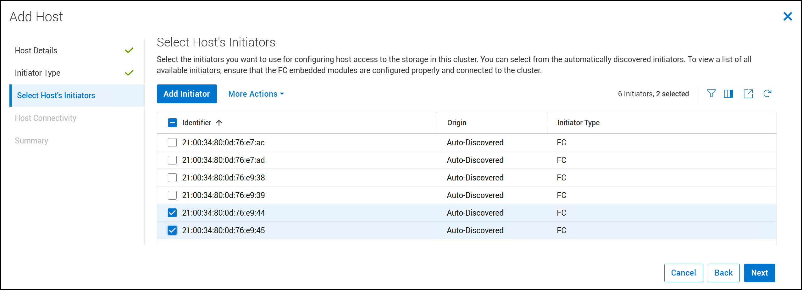 Screen capture of Add Host - Select Host's Initiators window