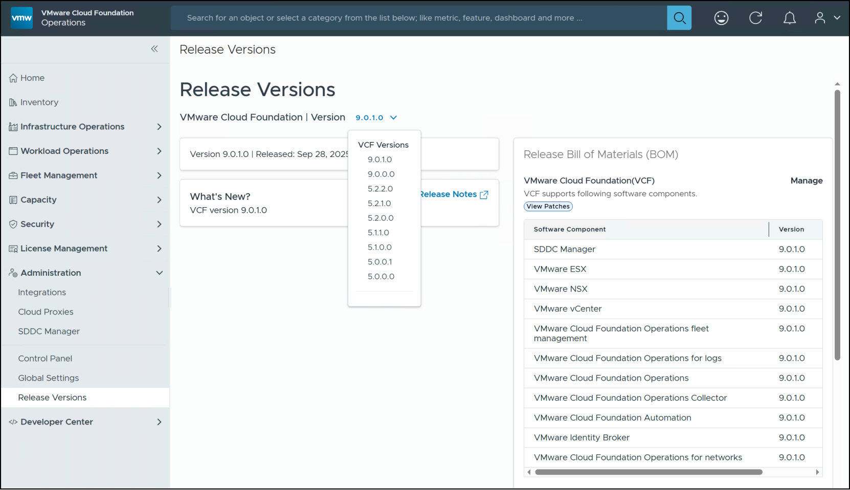 A VCF Operations image containing the release versions for VCF in relation to upgrades
