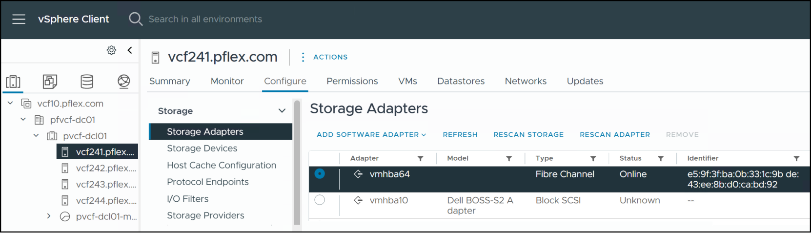 The vCenter UI showing the SDC HBA representation
