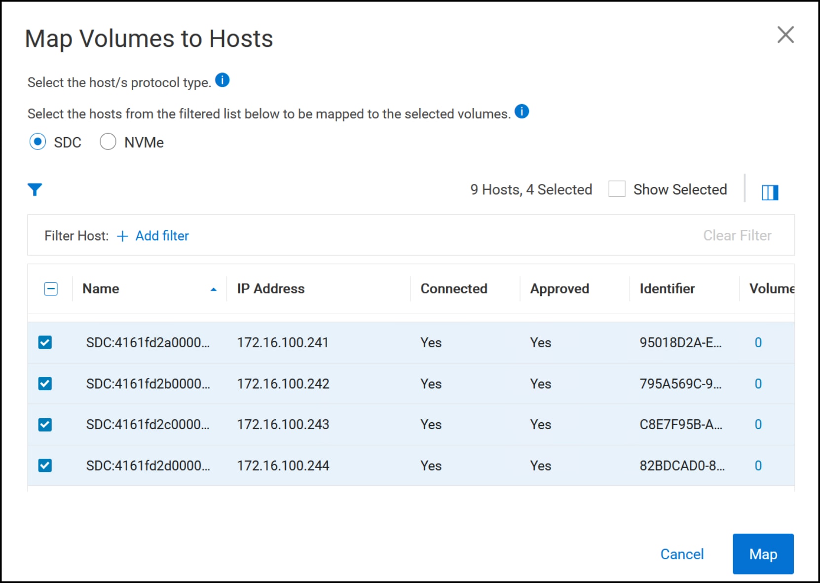 Step 2 of the volume and VMFS creation - map hosts