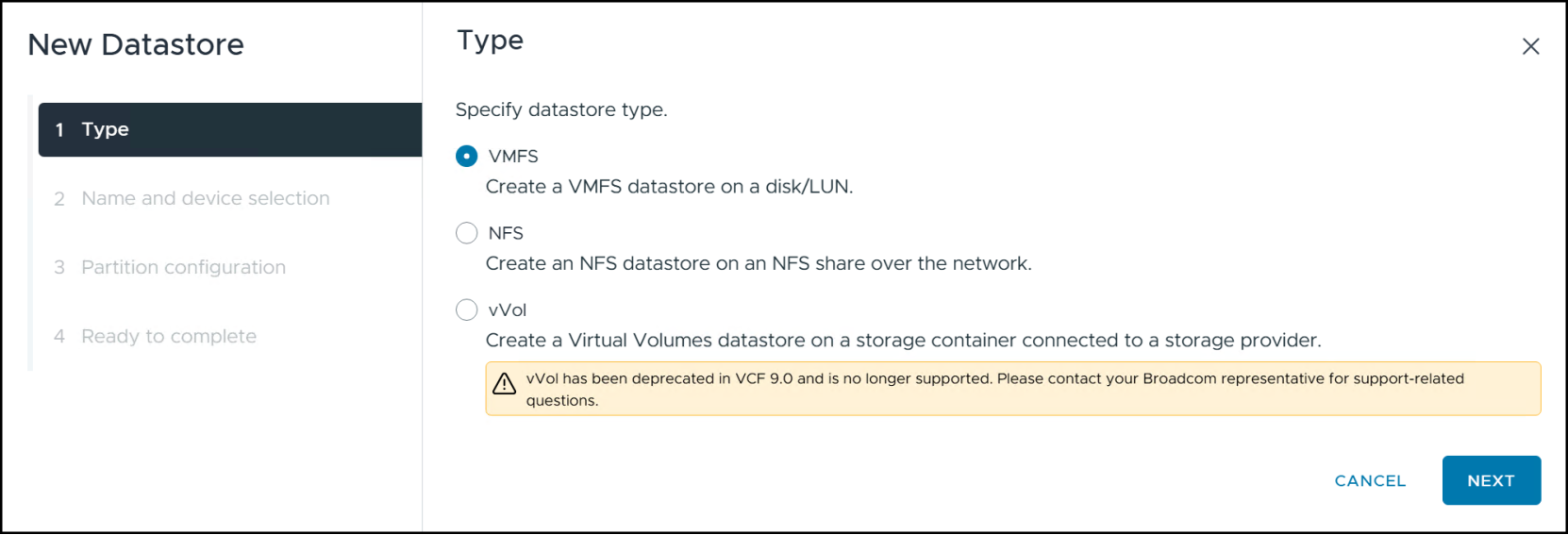 Step 4 of the volume and VMFS creation - datastore type