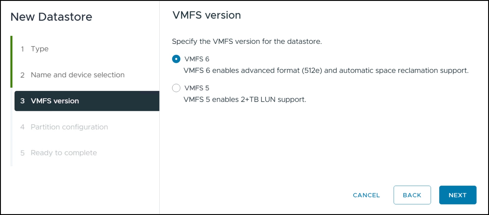 Step 6 of the volume and VMFS creation - VMFS version