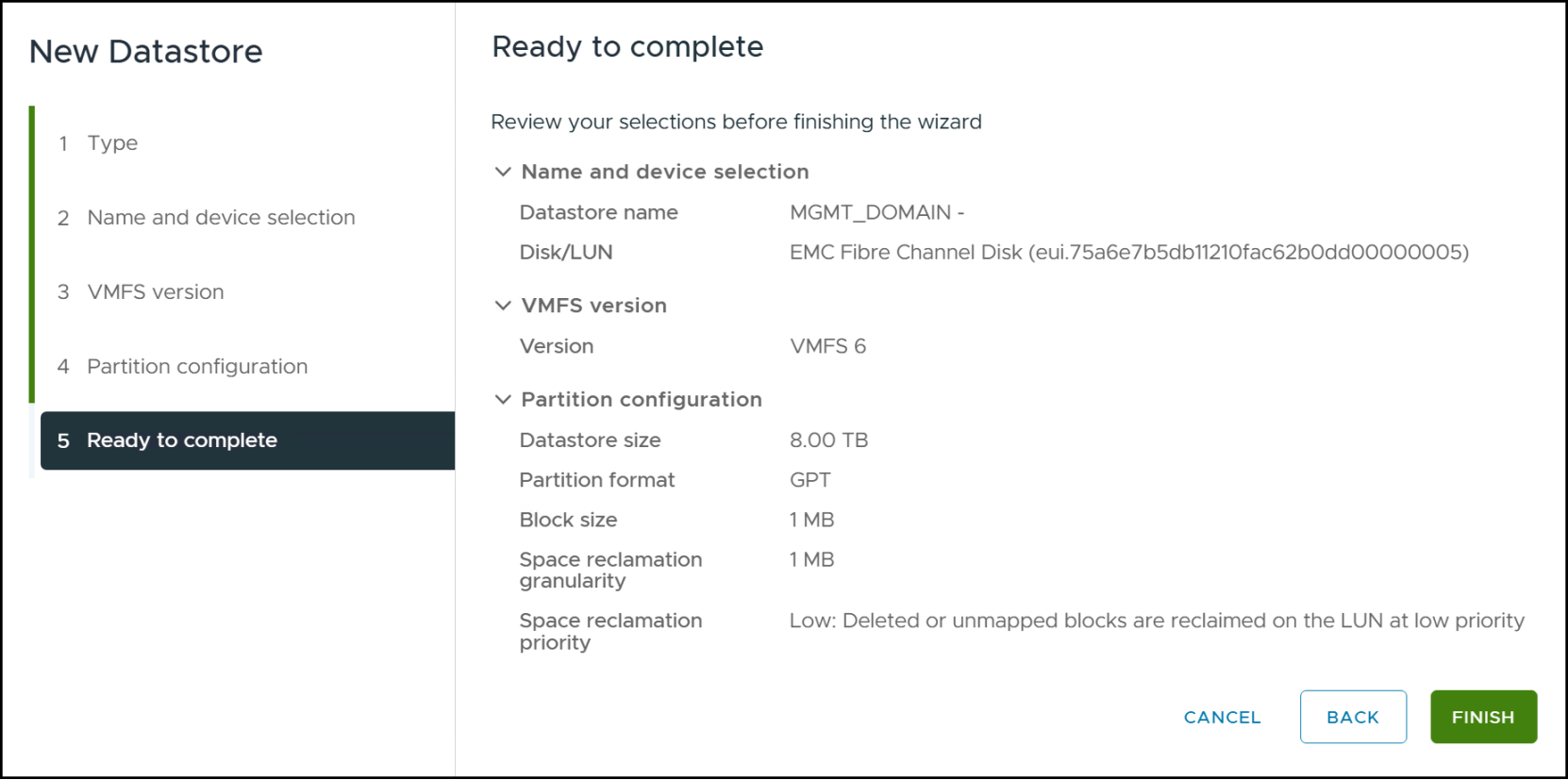 Step 8 of the volume and VMFS creation - summary