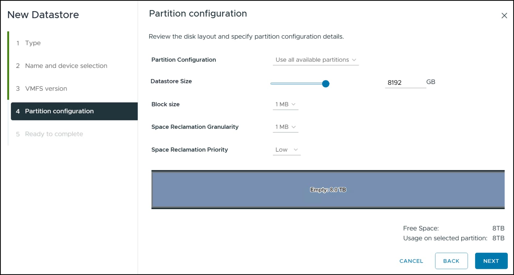 Step 7 of the volume and VMFS creation - partition configuration