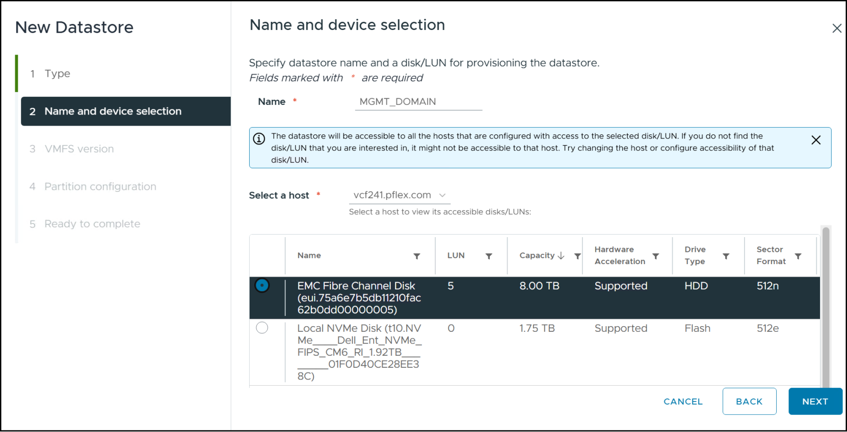 Step 5 of the volume and VMFS creation - device selection