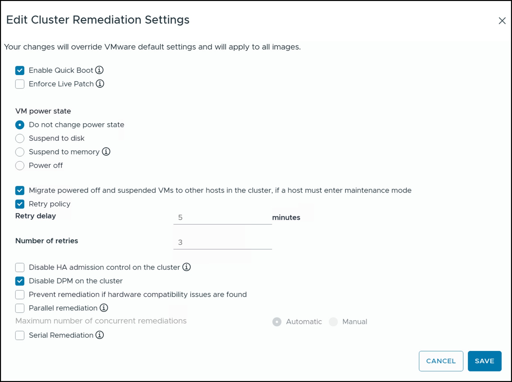 Second step in changing the HA remediation settings - Check box