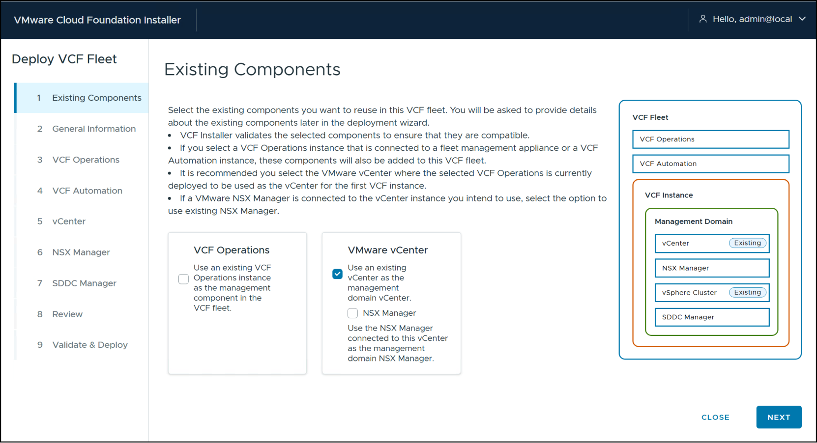 VCF Installer - Existing components