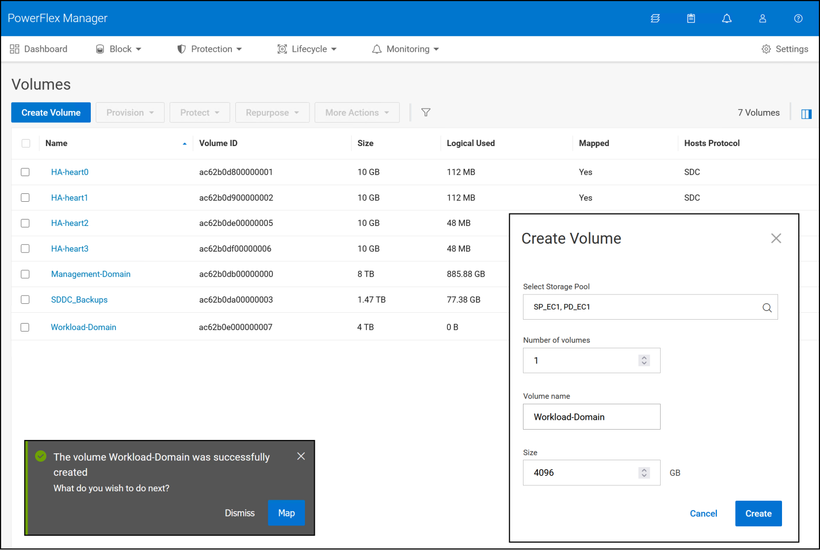 Step 1 of the volume and VMFS creation - create volume