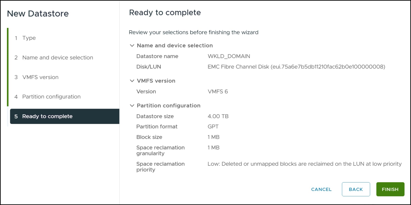 Step 8 of the volume and VMFS creation - summary
