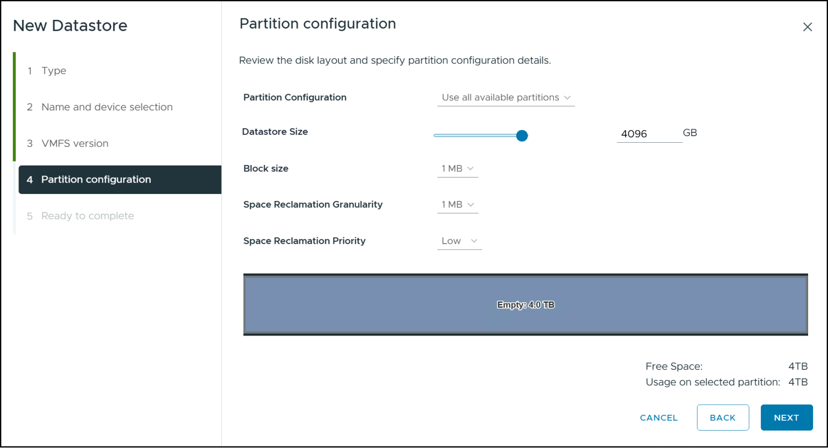 Step 7 of the volume and VMFS creation - partition configuration