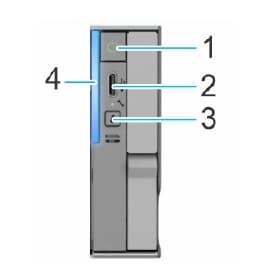 Diagram of a vertical electronic device panel showing four labeled components: a power button (1) at the top, a keyhole (2) below it, a small rectangular slot (3) beneath the keyhole, and a vertical blue indicator light (4) on the left side. The diagram highlights key functional parts for device operation and access. AI-generated content may be incorrect.