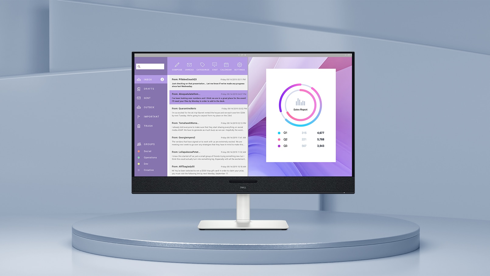 Dell 32 inch monitor with screen showing productivity screenfill with easy arrange email chart.