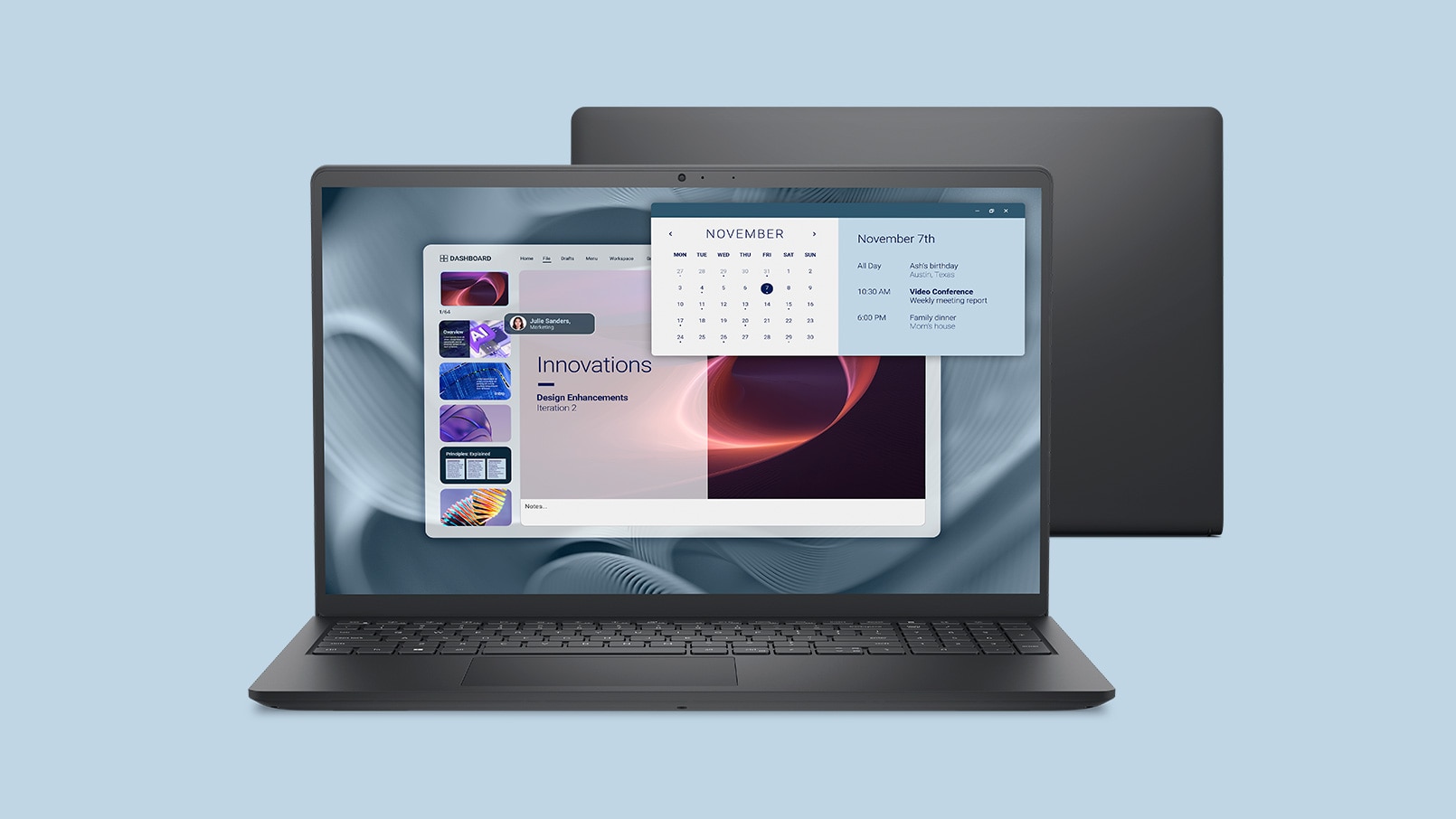 A front shot of the Dell Pro Essential 15 laptop with productivity screenfill