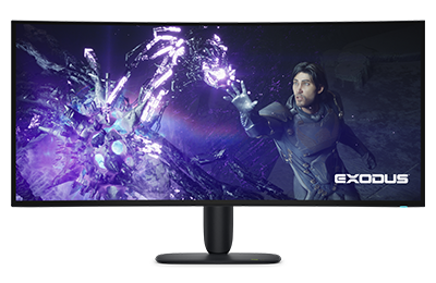 Site banner for the Alienware 5K OLED Gaming Monitor AW3926QW product launch. Featuring a forward facing monitor on a podium in a light world.