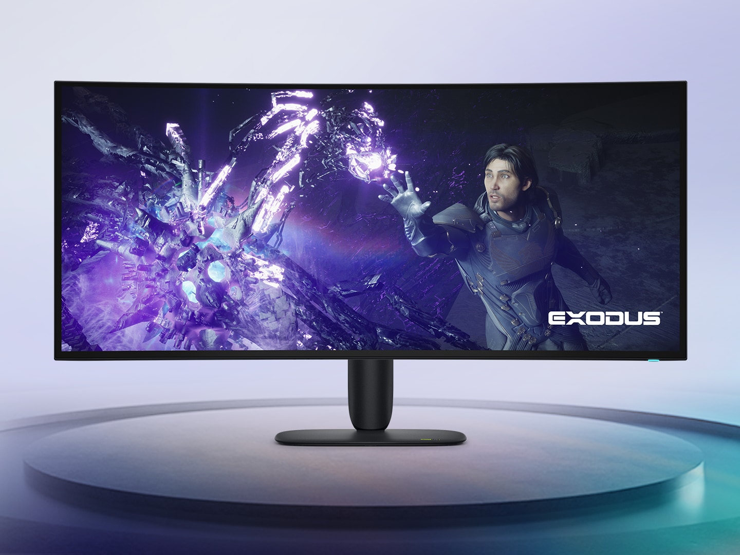 Site banner for the Alienware 5K OLED Gaming Monitor AW3926QW product launch. Featuring a forward facing monitor on a podium in a light world.