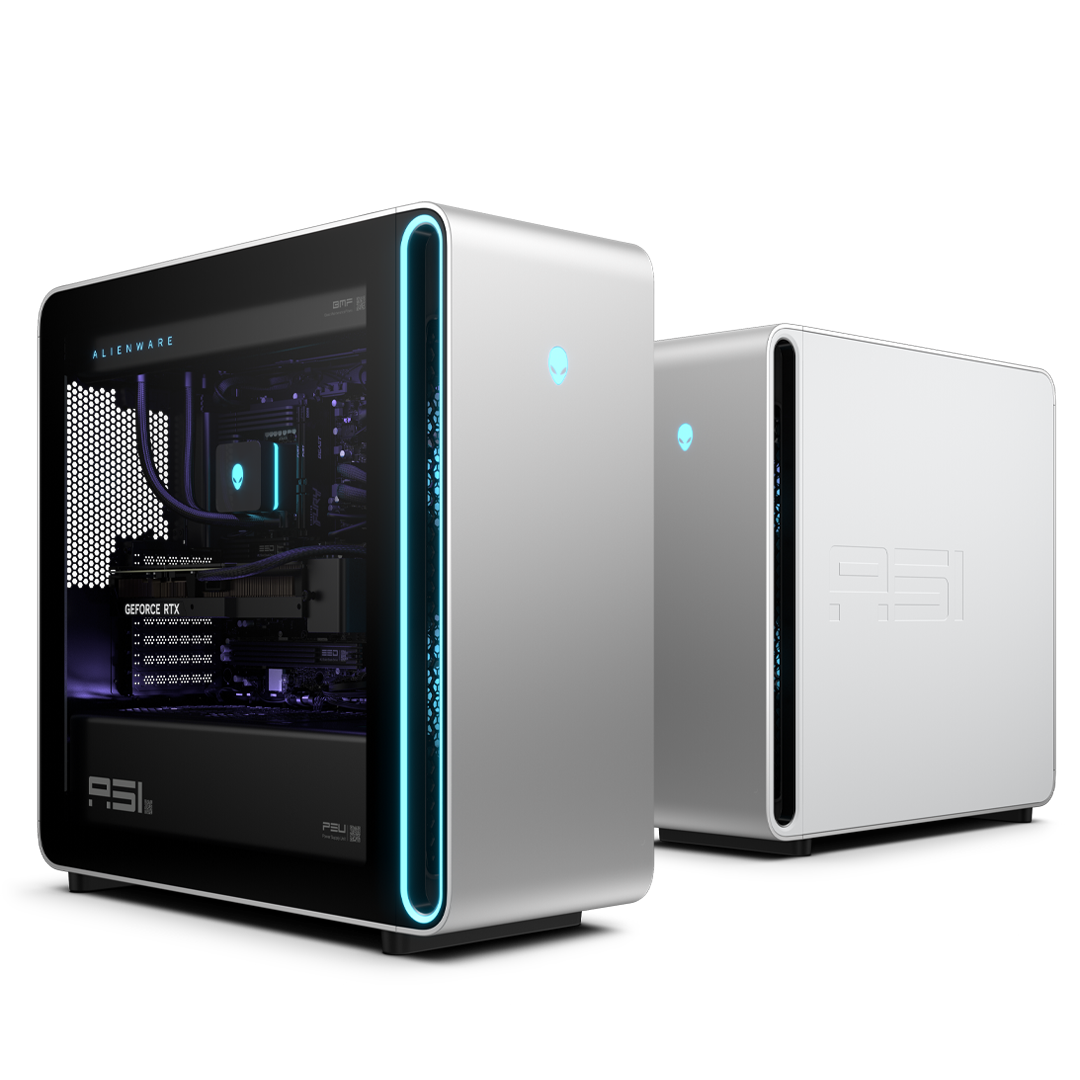Alienware Area-51 desktop gaming PC with a tempered glass side panel showcasing internal components, illuminated blue accent lighting, and a sleek white chassis.