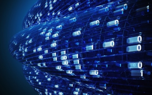 Digital image of data in binary code in motion against a dark blue background, representing data management.