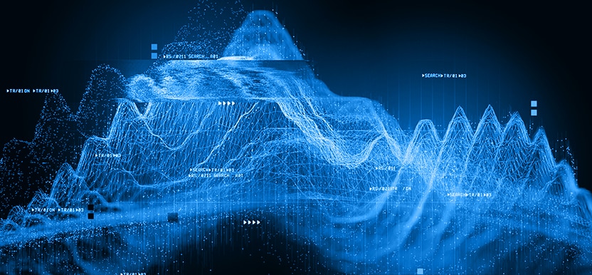Data particles organizing with AI on a blue background