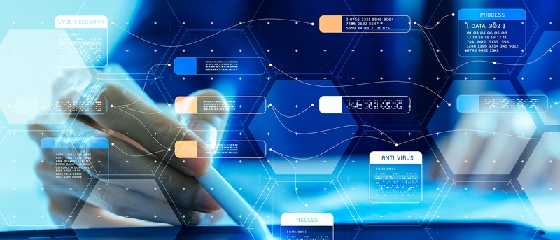 Abstract visual showing a user on a laptop keyboard with software UI artwork layered into the composition in a dynamic way to show productivity.