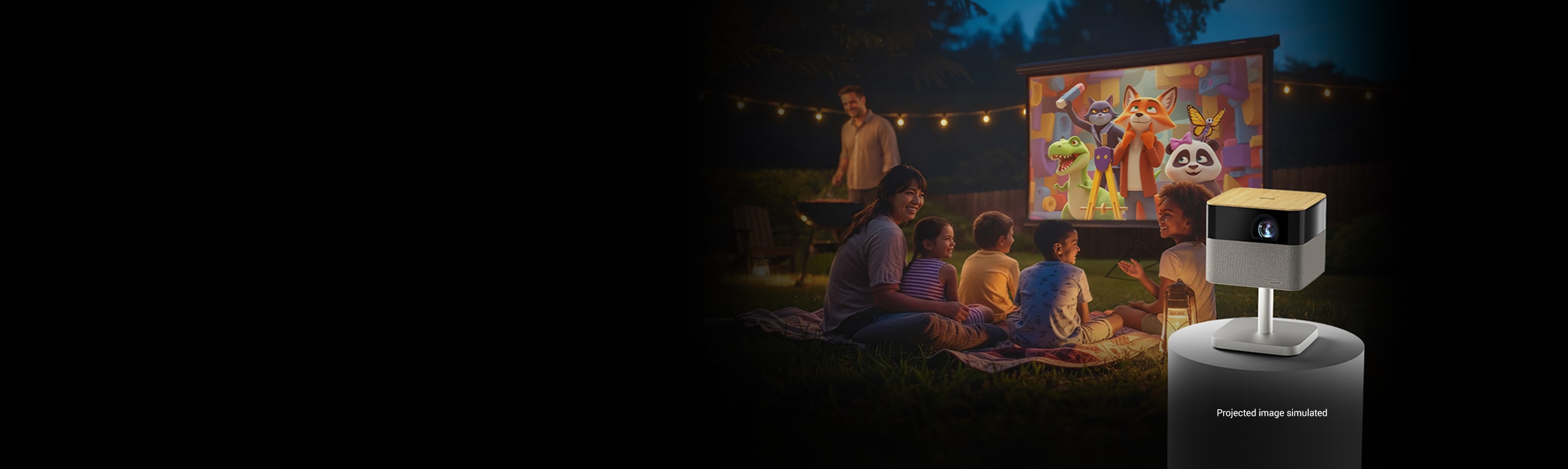 Family watching animated movie projected in backyard at night with portable projector.