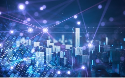 Digital image of a futuristic city connected through artificial intelligence, high speed networks and data.