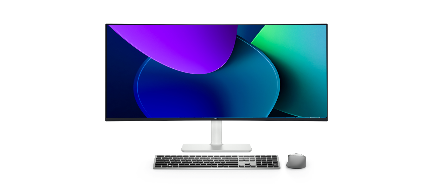 Dell monitor with a colorful screenfill and featuring a mice and keyboard