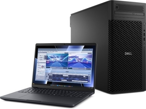 Black Dell laptop displaying video editing software next to a black Dell desktop tower against a white background.