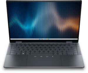 Dell Latitude 9440 laptop view from the front, showing the display with a pattern design on screen, keyboard and touchpad.