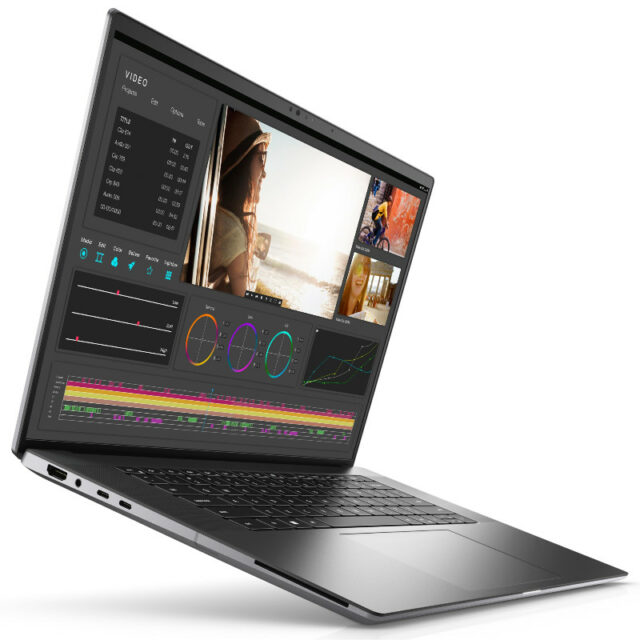 Dell Precision 5680 mobile workstation, image taken from front left angle of system, showing the laptop's left side ports, display with video editing software application on screen, and keyboard.