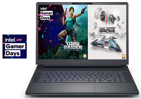 Alienware gaming laptop with Intel Gamer Days promotion and game covers on screen.