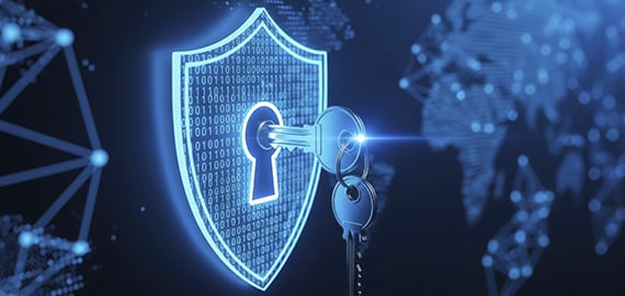 Digital Cybersecurity and Global Data Protection Concept with Neon Shield and Key
